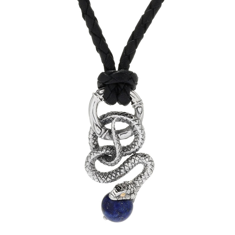 Samuel B. Sterling Silver and 18K Yellow Gold Snake with Lapis and Leather Necklace (93413)