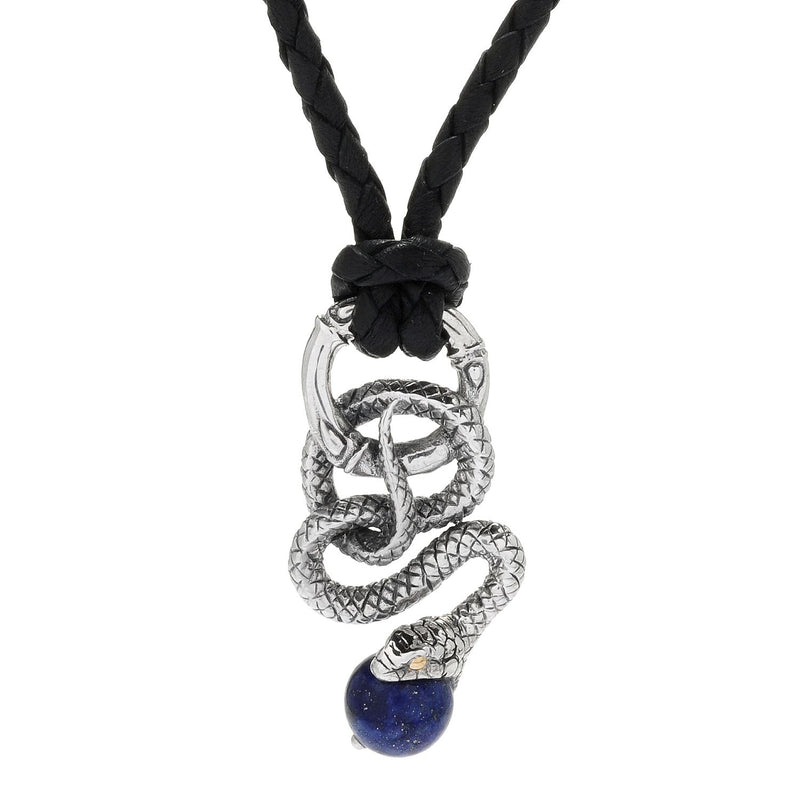 Samuel B. Sterling Silver and 18K Yellow Gold Possess Accented Snake with Lapis Bead on a 22" Black Leather Cord, handcrafted in Bali by our skilled artisans. Each creation in the Imperial Bali™ Men’s Collections draws its power from mystic dragons, yet bows in reverence to nature and ancient Balinese patterns, weaves and textures.