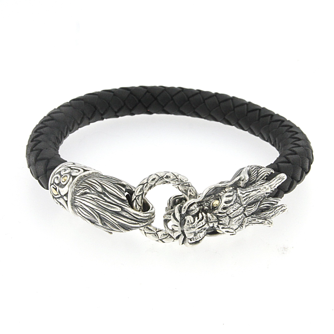 Samuel B. Sterling Silver and 18K Yellow Gold Accented Balinese Design Dragon with Black Leather Bracelet, 8.5".