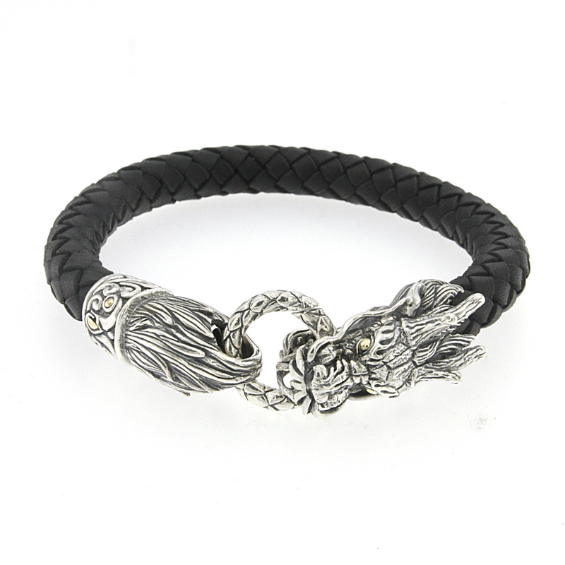 Samuel B. Sterling Silver and 18K Yellow Gold Accented Balinese Design Dragon with Black Leather Bracelet, 8.5".