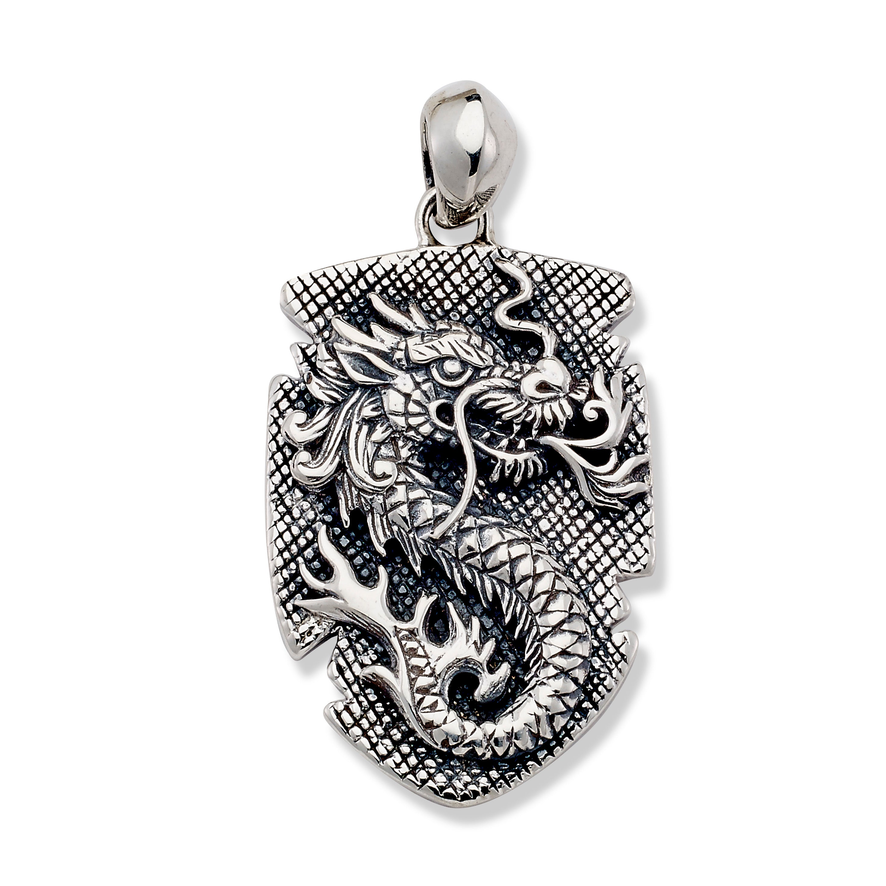 Samuel B. Sterling Silver Dog Tag with Dragon Design Naga Api Pendant. Our Sterling Silver dog tag pendant with dragon design, handcrafted in Bali by our skilled artisans. Each creation in the Imperial Bali™ Men’s Collections draws its power from mystic dragons, yet bows in reverence to nature and ancient Balinese patterns, weaves and textures.