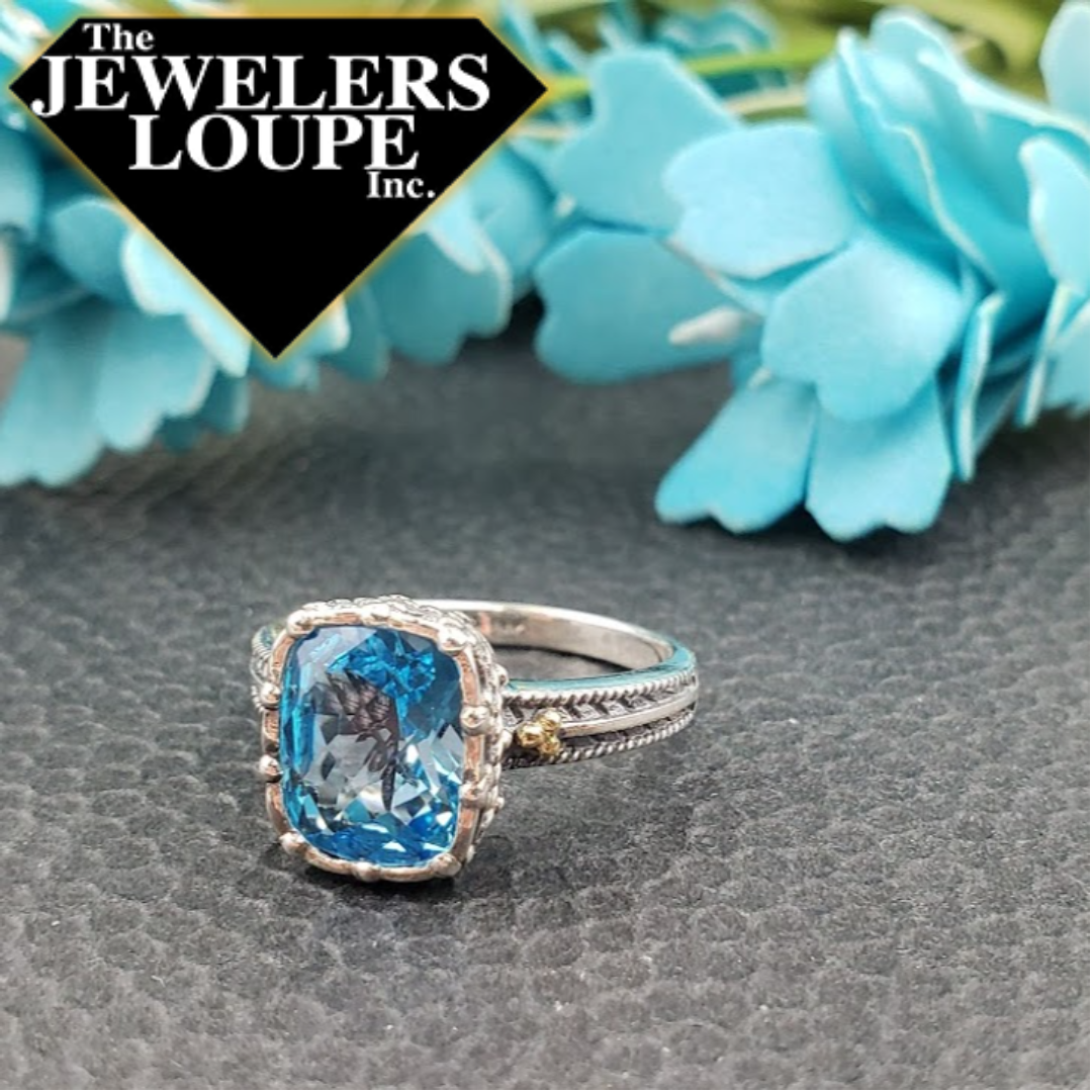 Jeanex Sterling Silver and 18K Yellow Gold Ring set with 2.67ctw Cushion Cut Blue Topaz