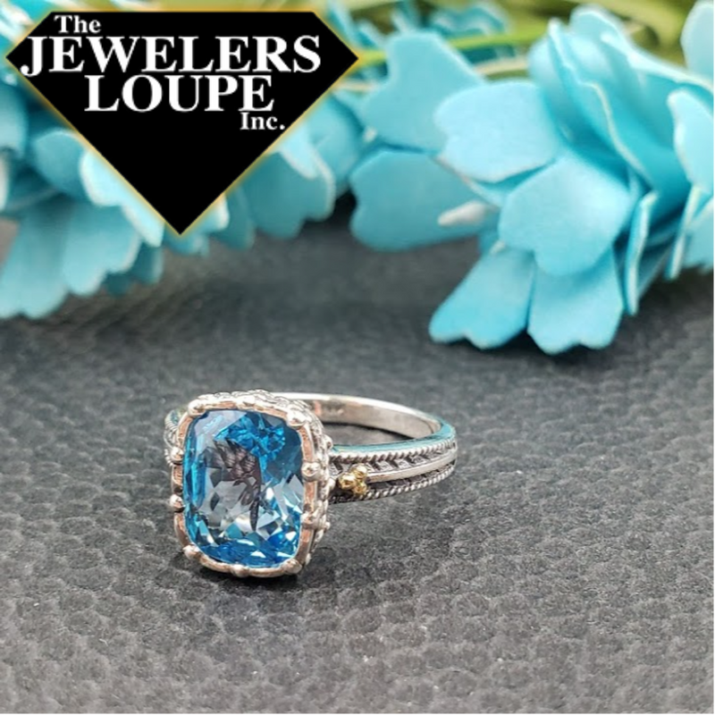Jeanex Sterling Silver and 18K Yellow Gold Ring set with 2.67ctw Cushion Cut Blue Topaz