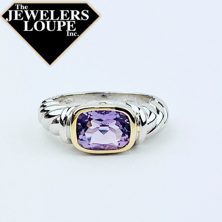 Jeanex Sterling Silver and 18K Yellow Gold Amethyst and Diamond Ring, Size 7 (93909)