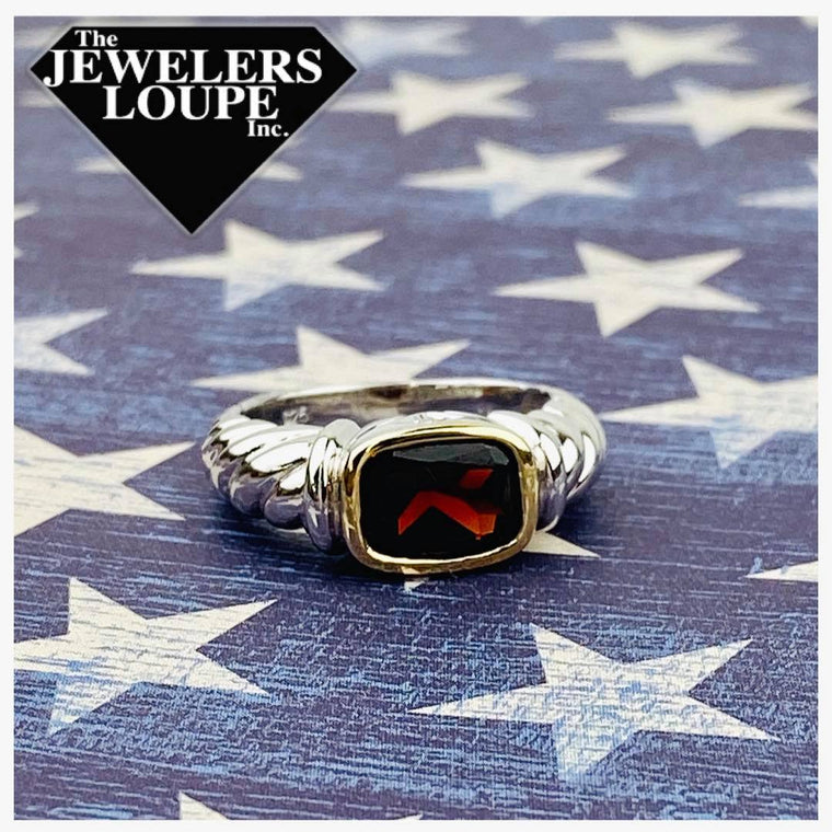 Jeanex Sterling Silver and 18K Yellow Gold Garnet and Diamond Ring, Size 7 (93911)