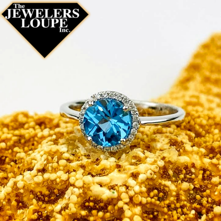 14K White Gold .10ctw Diamond and 1.55ctw Blue Topaz Halo Ring (94161)