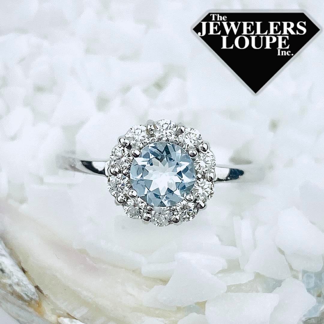 14K White Gold .30ctw Diamond and .55ctw Aquamarine Halo Ring