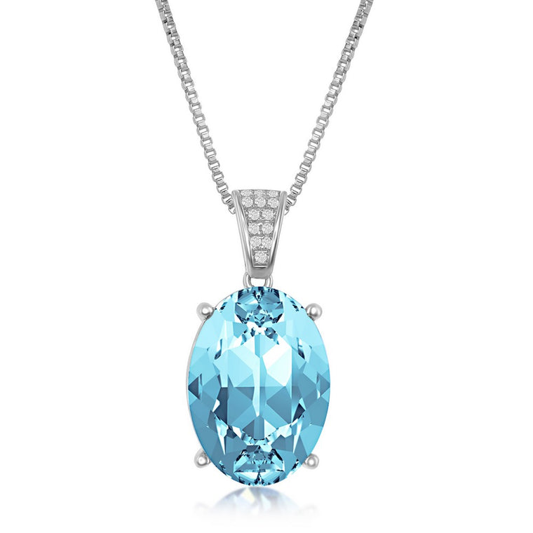 Sterling Silver CZ Bale and 14x10mm Oval Aqua Swarovski Element Necklace (94866)