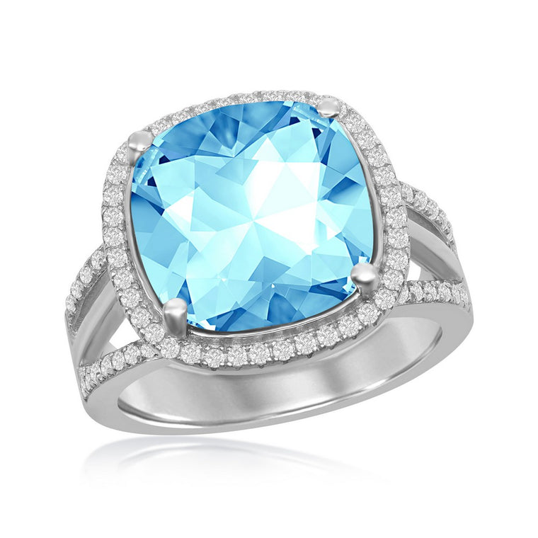 Sterling Silver CZ Halo and 12mm Cushion Square Aqua Swarovski Element Ring, Size 8 (94869)