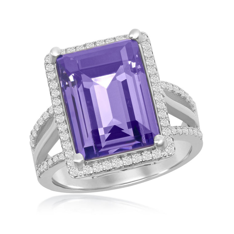 Sterling Silver CZ Halo Tanzanite Swarovski Element Ring, Size 7 (94871)