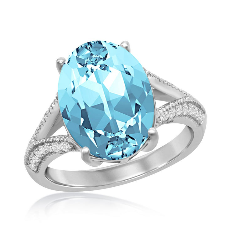 Sterling Silver CZ Open Shank with 14x10mm Oval Aqua Swarovski Element Ring, Size 9 (94876)