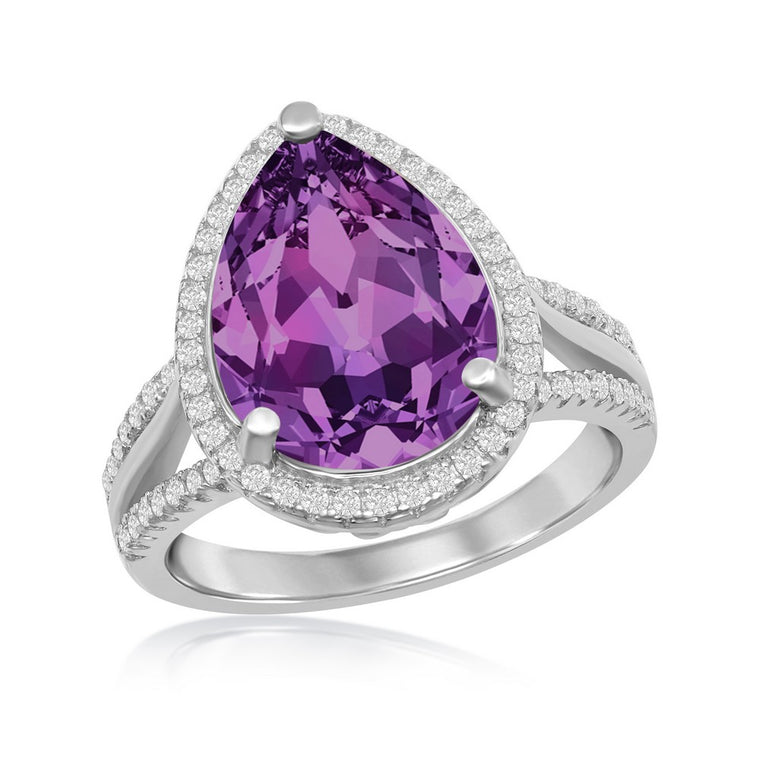 Sterling Silver CZ and 14x10mm Pear Shaped Amethyst Swarovski Element Halo Ring, Size 8 (94878)