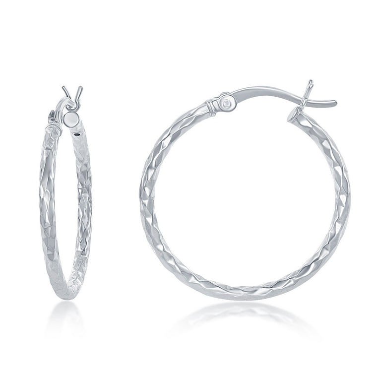 Sterling Silver 25mm Diamond Cut Hoop Earrings (95221)