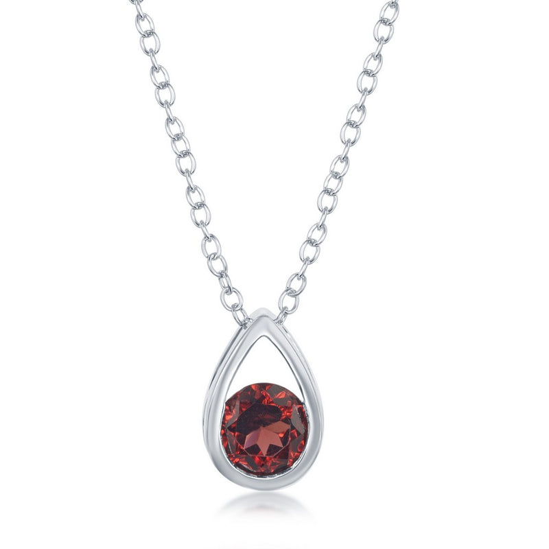 Sterling Silver Open Pear shaped Pendant with Round Garnet on 16+2" Adjustable Sterling Silver Chain.