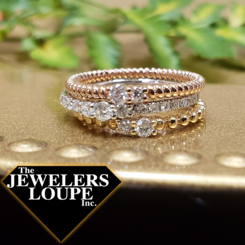 Set of Three Stackable Rings, one 14K Yellow Gold Bead Design with two Diamonds, one 14K White Gold with Prong set Diamonds, and one 14K Yellow Gold Rope Design with two Diamonds, total carat weight for all three rings is .49ct.