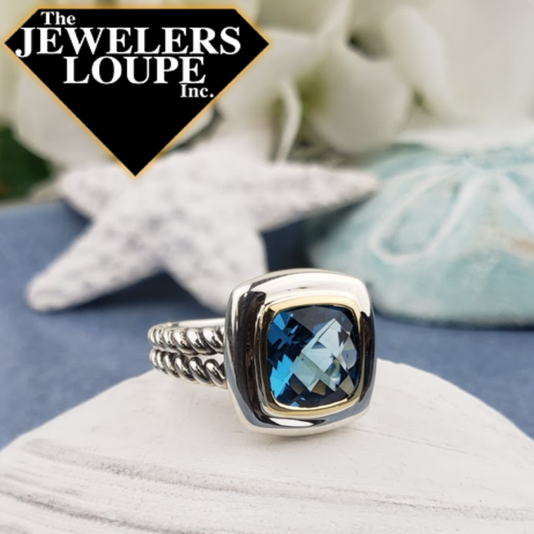 Jeanex Sterling Silver and 18K Yellow Gold Blue Topaz Ring, Size 7 (95407)