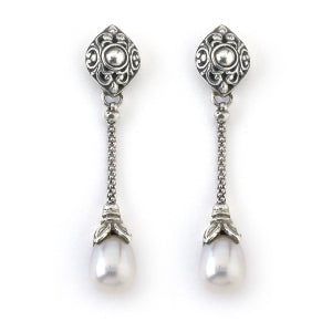 Samuel B Sterling Silver White Pearl Drop Earrings with Balinese Design Accents.