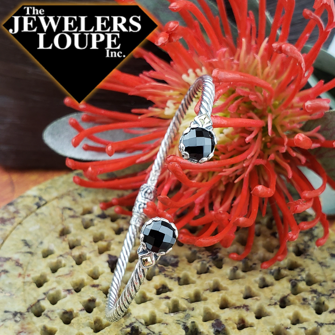 Samuel B. Sterling Silver and 18K Yellow Gold Twisted Cable Bangle with 7mm round checkerboard cut Black Spinel and Balinese Detail.