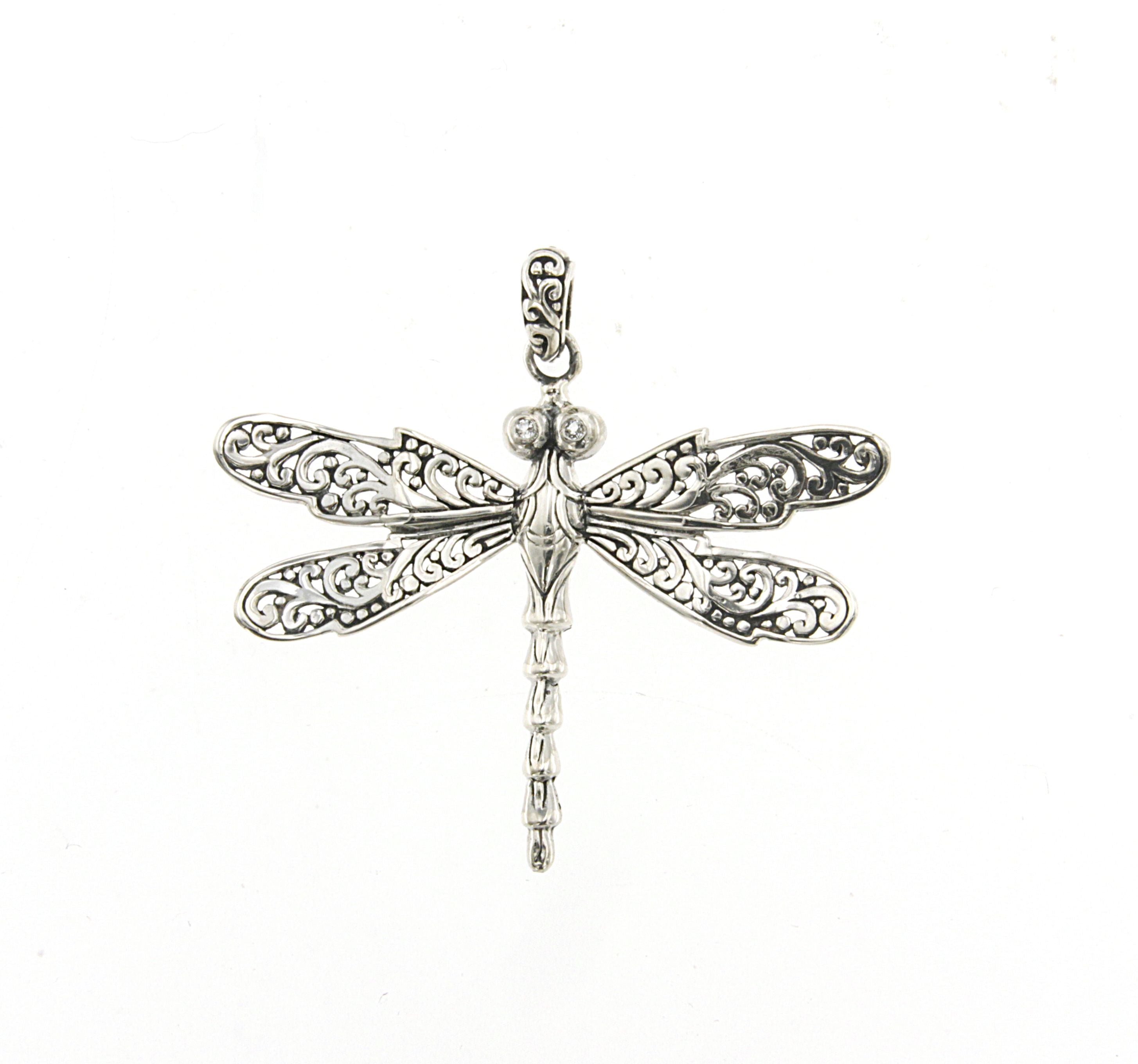 Samuel B. Sterling Silver Mata Dragonfly Pendant. Our Sterling Silver dragonfly pendant with white topaz eyes, handcrafted in Bali by our skilled artisans. From our signature collection, Royal Bali™ featuring designs handcrafted using sterling silver and genuine gemstones. White Topaz symbolizes hope, love and happiness. It is also known as the "lover of gold," as it is used to bring wealth and money to those who wear it. *chain sold separately