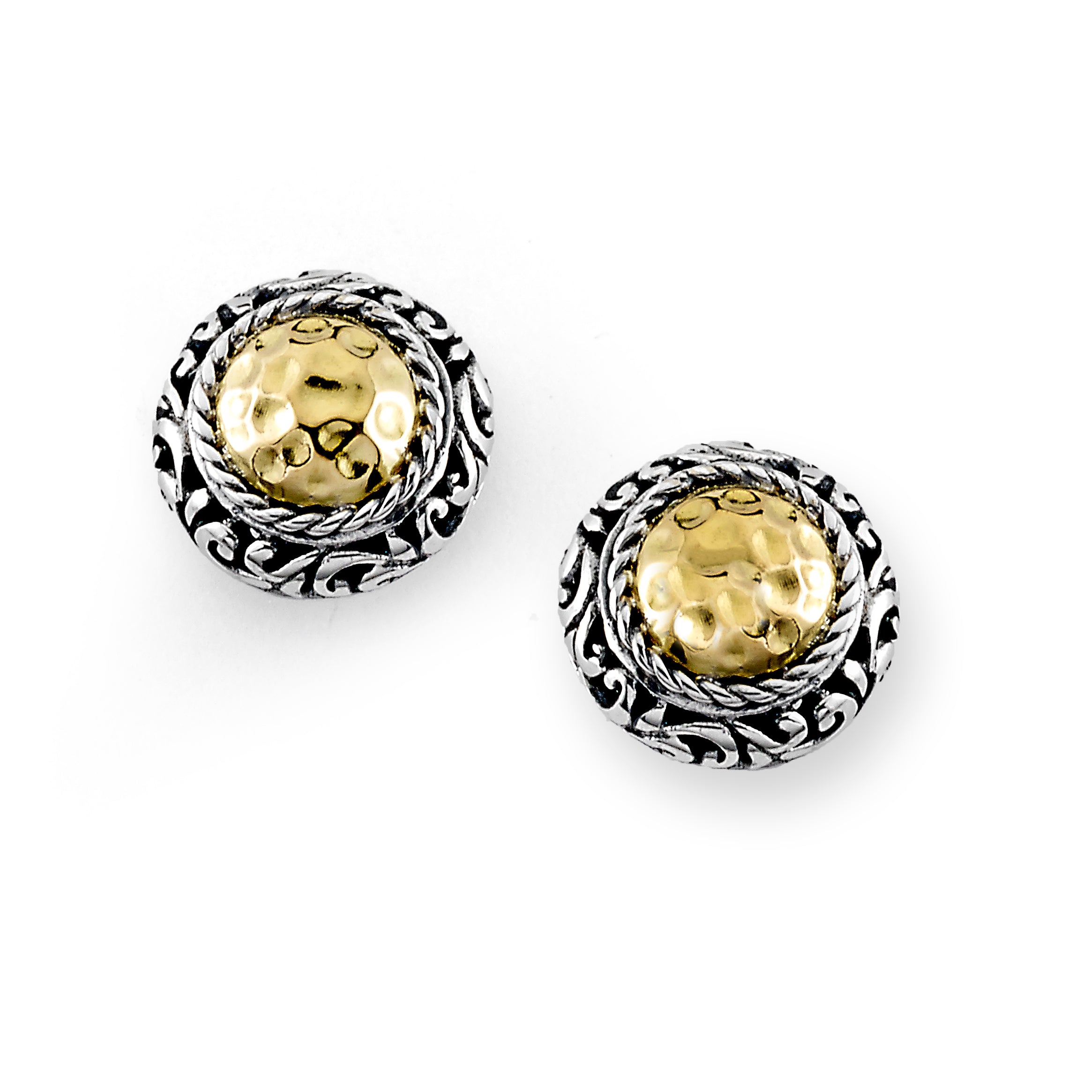 Samuel B. Sterling Silver and 18K Yellow Gold Double Circle Hammered Alba Stud Earrings. Our Sterling Silver 18k solid Gold round hammered gold stud earrings, handcrafted in Bali by our skilled artisans. From our Bali Privé™ collection which embodies the 2021 PANTONE™ Colors of the Year, showcasing the perfect combination of sterling silver and solid 18k gold.