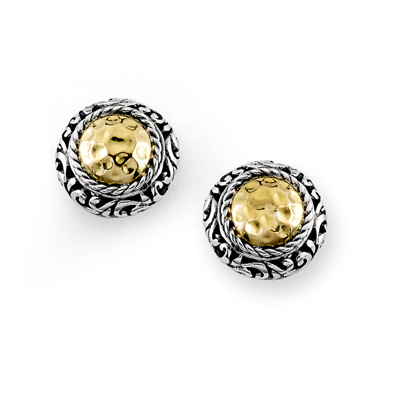 Samuel B. Sterling Silver and 18K Yellow Gold Double Circle Hammered Alba Stud Earrings. Our Sterling Silver 18k solid Gold round hammered gold stud earrings, handcrafted in Bali by our skilled artisans. From our Bali Privé™ collection which embodies the 2021 PANTONE™ Colors of the Year, showcasing the perfect combination of sterling silver and solid 18k gold.