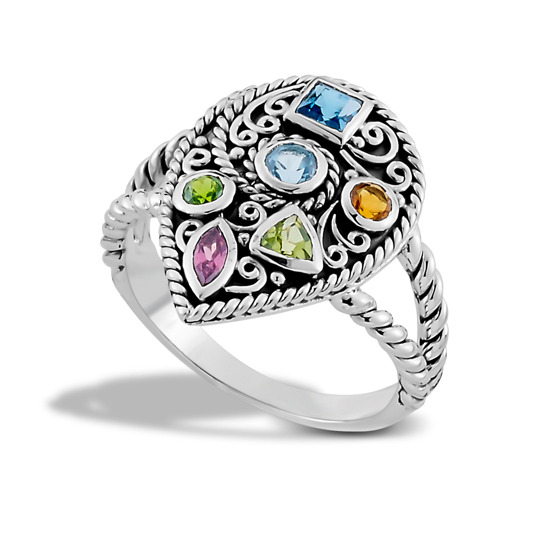 Samuel B. Sterling Silver Balinese Design Telor Pear Shaped with Multi-Shape Multi-Gem Ring, Size 7. From our signature collection, Royal Bali™ featuring designs handcrafted using sterling silver, solid 18k gold accents and genuine gemstones.