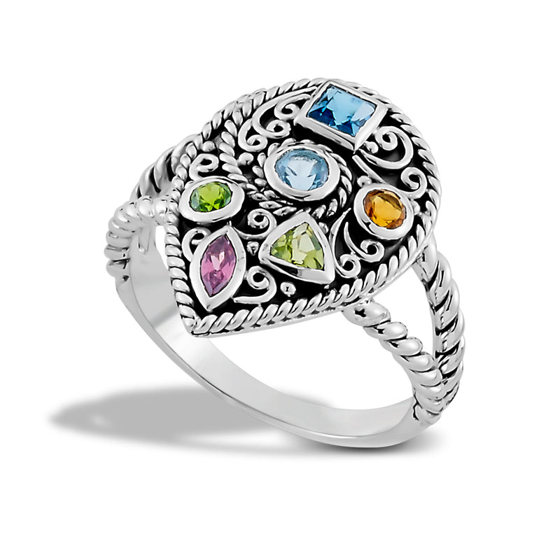 Samuel B. Sterling Silver Balinese Design Telor Pear Shaped with Multi-Shape Multi-Gem Ring, Size 7. From our signature collection, Royal Bali™ featuring designs handcrafted using sterling silver, solid 18k gold accents and genuine gemstones.