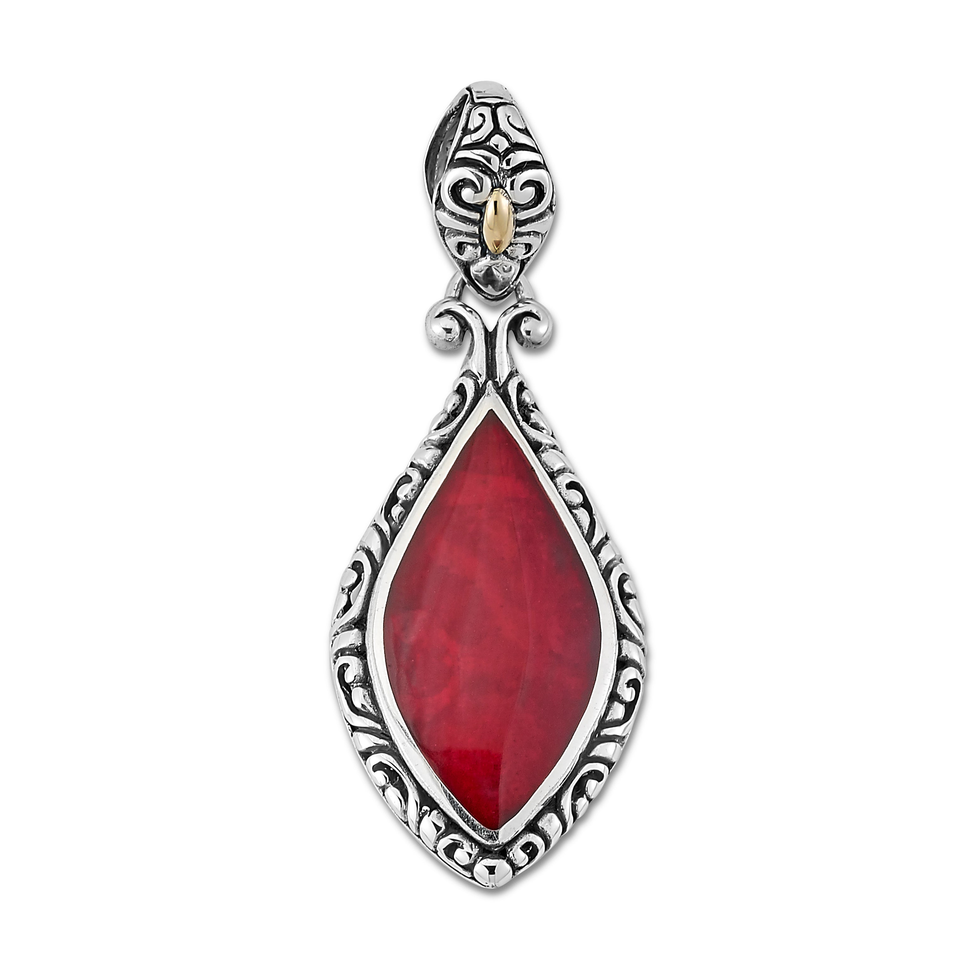 Samuel B. Sterling Silver Balinese Design Marquise Shape Coral Banta Pendant. Our Sterling Silver 18k solid Gold coral marquise shape pendant with filigree design, handcrafted in Bali by our skilled artisans. The Gems of the Sea collection is inspired by the beauty of the white beaches, sparkling sea and the flourishing coral reefs of Bali.