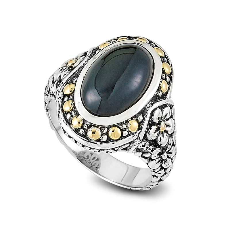 Samuel B Ijen Larimar Ring, Size 7. Our Sterling Silver 18k solid Gold oval black onyx ring with floral design, handcrafted in Bali by our skilled artisans. From our signature collection, Royal Bali™ featuring designs handcrafted using sterling silver, solid 18k gold accents and genuine gemstones.