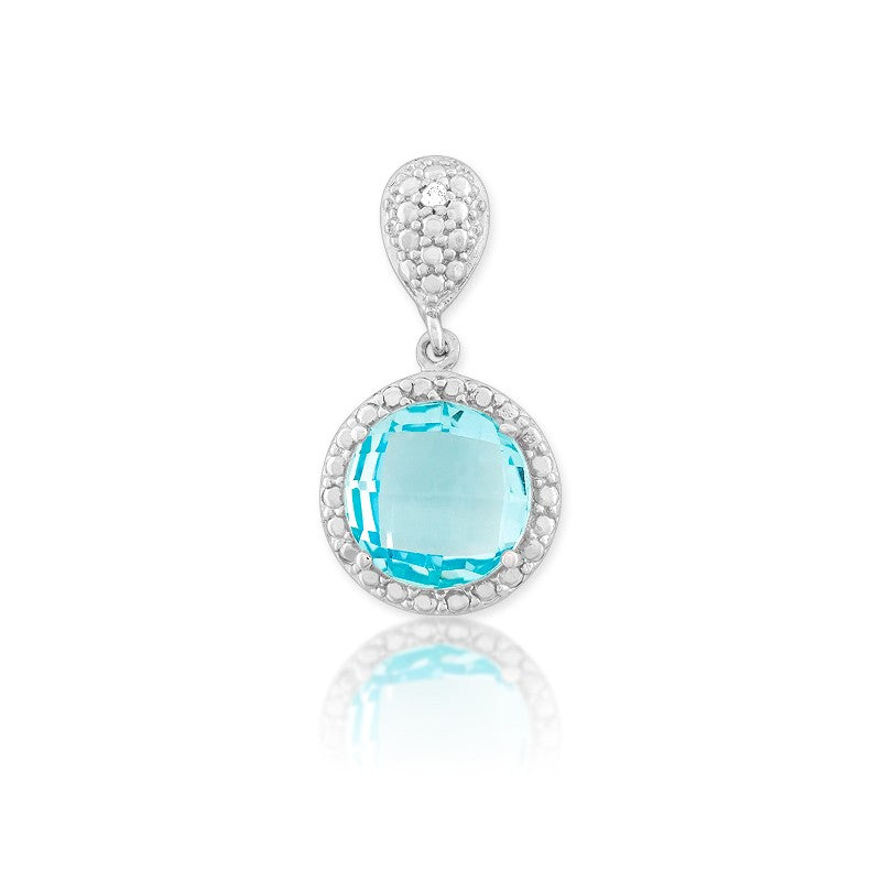 Sterling Silver 9mm Round Blue Topaz with Diamond Accents on 18" Sterling Silver Chain.