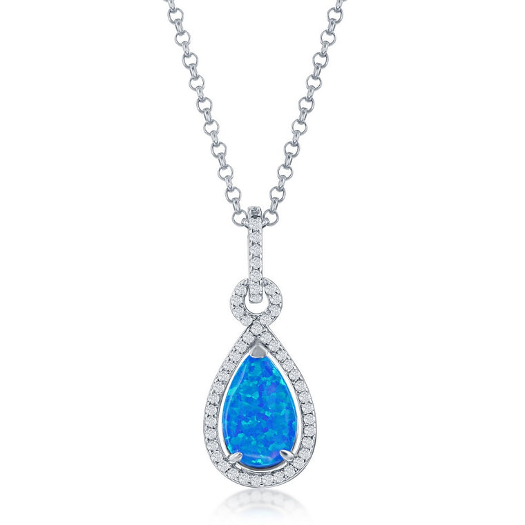 Sterling Silver Created Blue Opal Pendant with CZ Halo (97584)