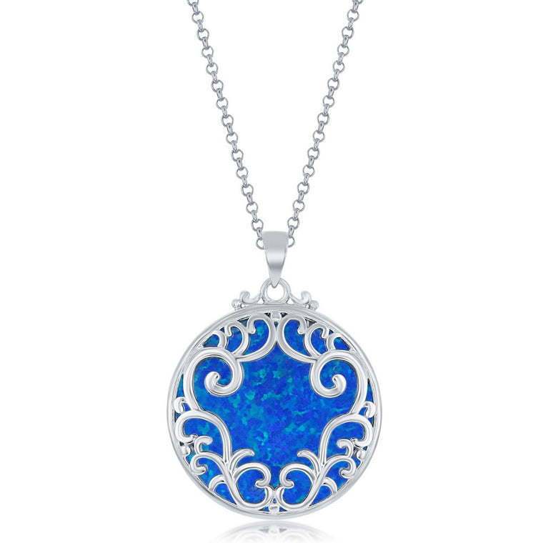 Sterling Silver Filigree with Blue Created Opal Necklace (97587)