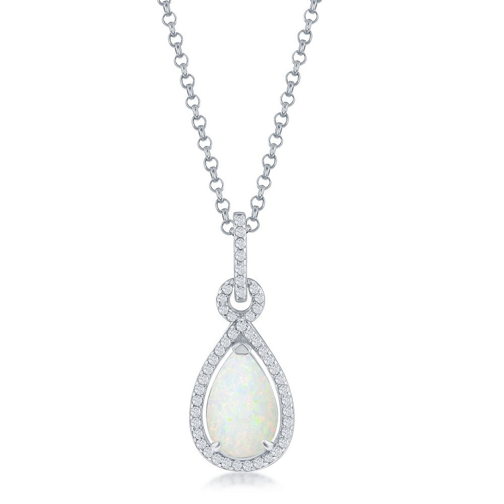 Sterling Silver Pear Shaped Created White Opal with Cubic Zirconia Halo Pendant on 18" Sterling Silver Chain.