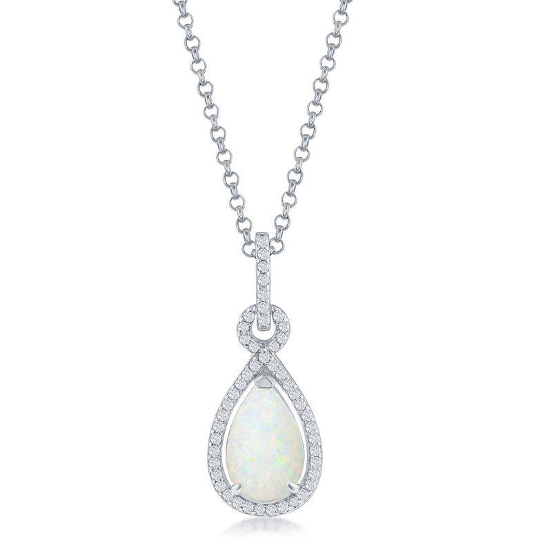 Sterling Silver Pear Shaped Created White Opal with Cubic Zirconia Halo Pendant on 18" Sterling Silver Chain.