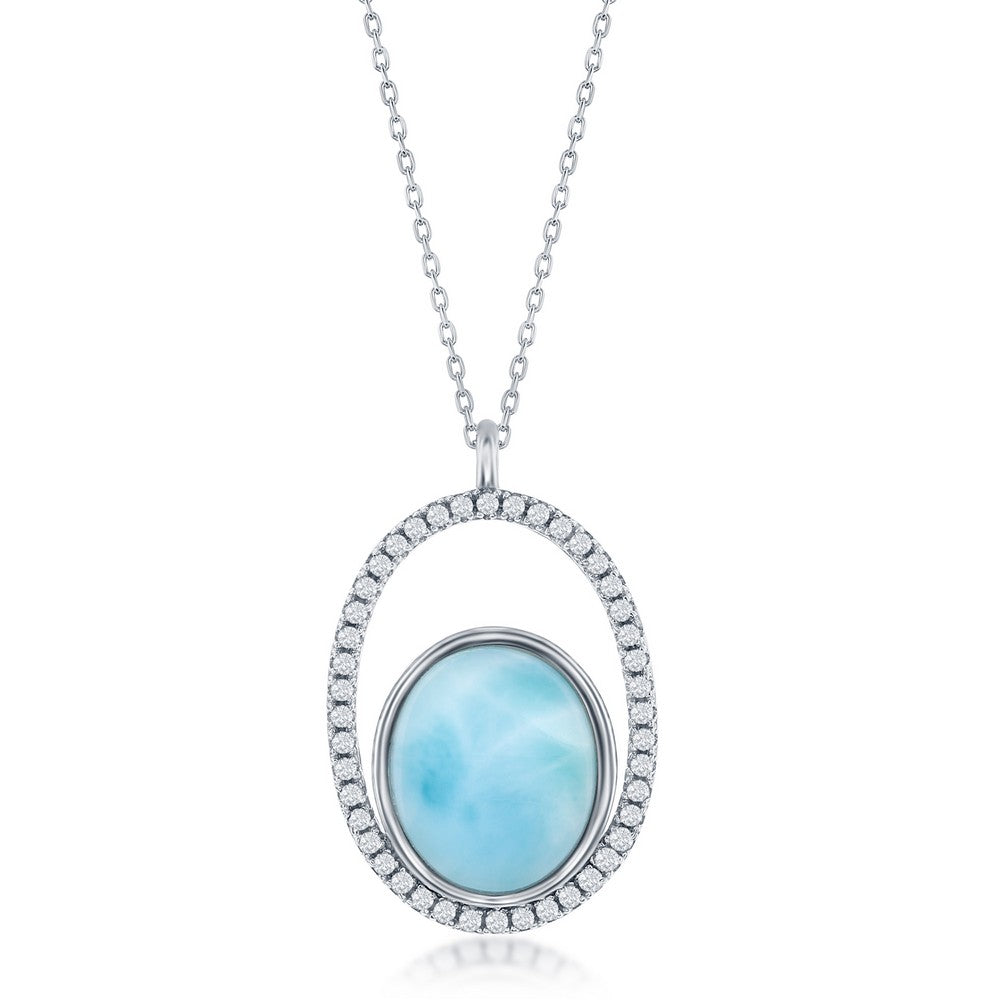Sterling Silver Open Oval with Cubic Zircona with Oval Blue Larimar and adjustable 16+2" Sterling Silver Chain.