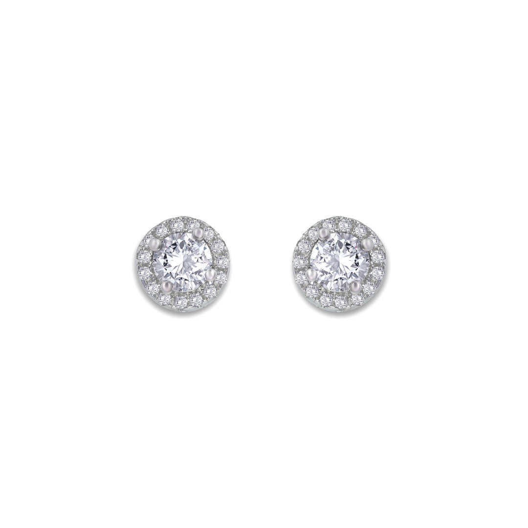 From the Anastasia Collection by Anna Zuckerman Luxury, Sterling Silver CZ Halo Stud Earrings.