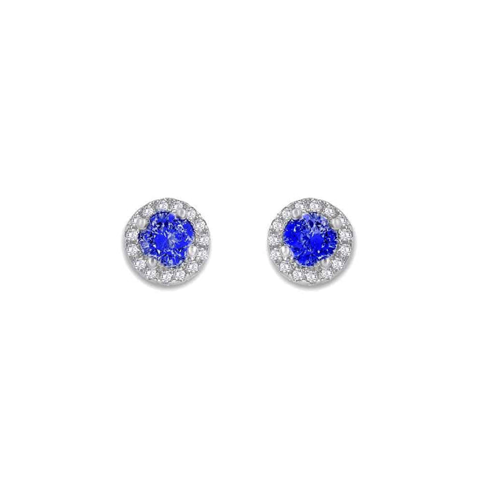 From the Anastasia Collection by Anna Zuckerman Luxury, Sterling Silver Sapphire Blue CZ Halo Stud Earrings.
