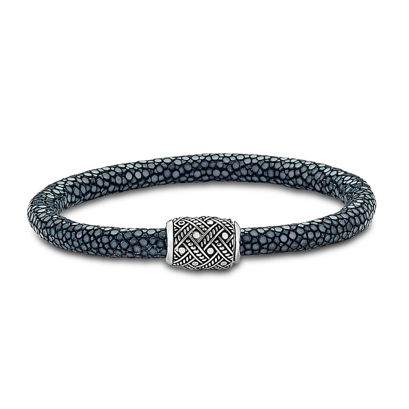 Samuel B. Sterling Silver Pebble Design Black Stingray Leather Bracelet with Dot and Rope Design Clasp is handcrafted in Bali by our skilled artisans. Each creation in the Imperial Bali™ Men’s Collections draws its power from mystic dragons, yet bows in reverence to nature and ancient Balinese patterns, weaves and textures.