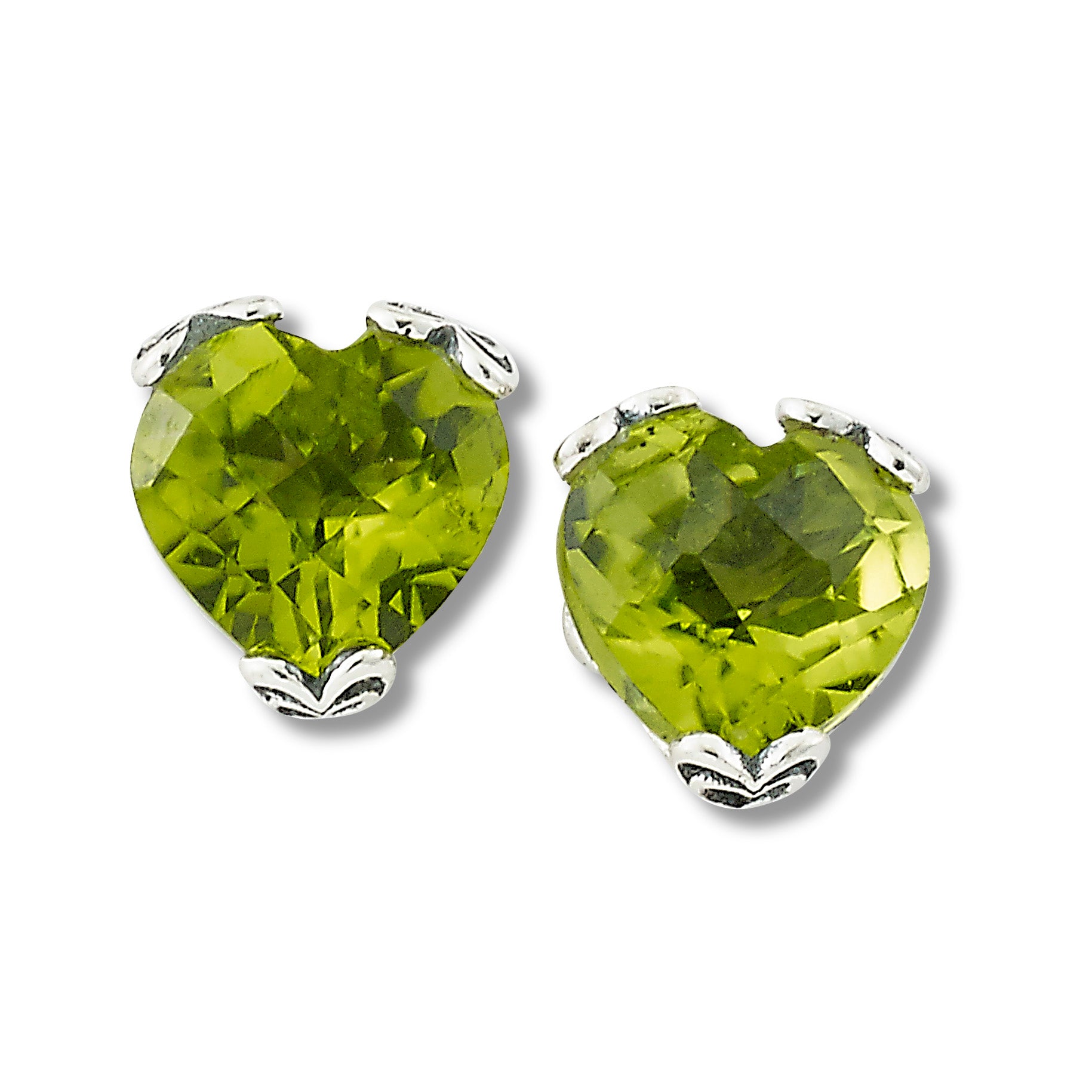 Samuel B. Sterling Silver 7mm Heart Shaped Peridot Stud Earrings. Our Sterling Silver peridot heart shaped earrings are handcrafted in Bali by our skilled artisans. From our signature collection, Royal Bali™ featuring designs handcrafted using sterling silver and genuine gemstones.