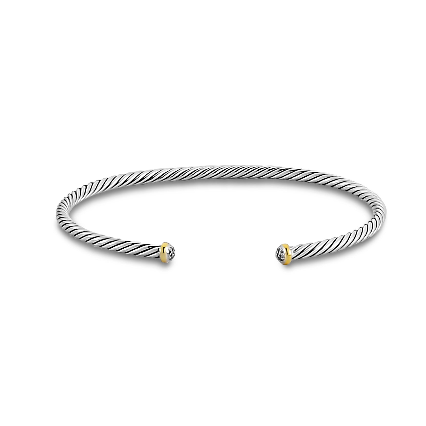 Samuel B. Sterling Silver and 18K Yellow Gold Diamond Dieng Bangle. Our Sterling Silver 18k solid Gold 3mm twisted cable bangle with diamond end caps, handcrafted in Bali by our skilled artisans.