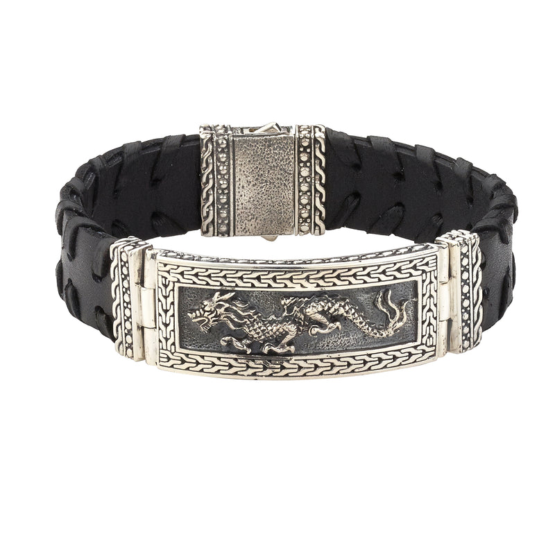 Samuel B. Sterling Silver Balinese Dragon Design Wide Leather Shanghai Bracelet.  Our Sterling Silver leather dragon bracelet, handcrafted in Bali by our skilled artisans. Each creation in the Imperial Bali™ Men’s Collections draws its power from mystic dragons, yet bows in reverence to nature and ancient Balinese patterns, weaves and textures.