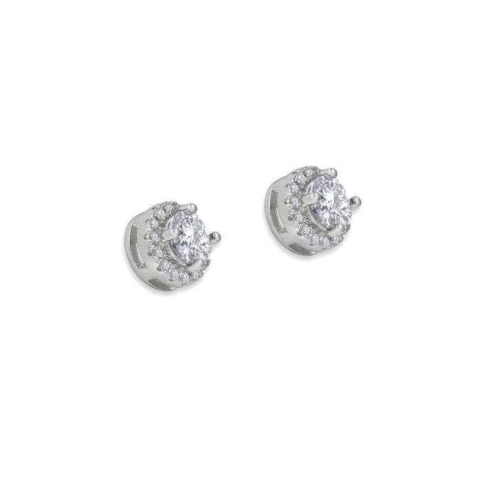 From the Anastasia Collection by Anna Zuckerman Luxury, Sterling Silver CZ Halo Stud Earrings.