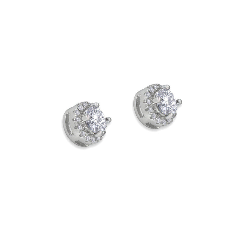 From the Anastasia Collection by Anna Zuckerman Luxury, Sterling Silver CZ Halo Stud Earrings.