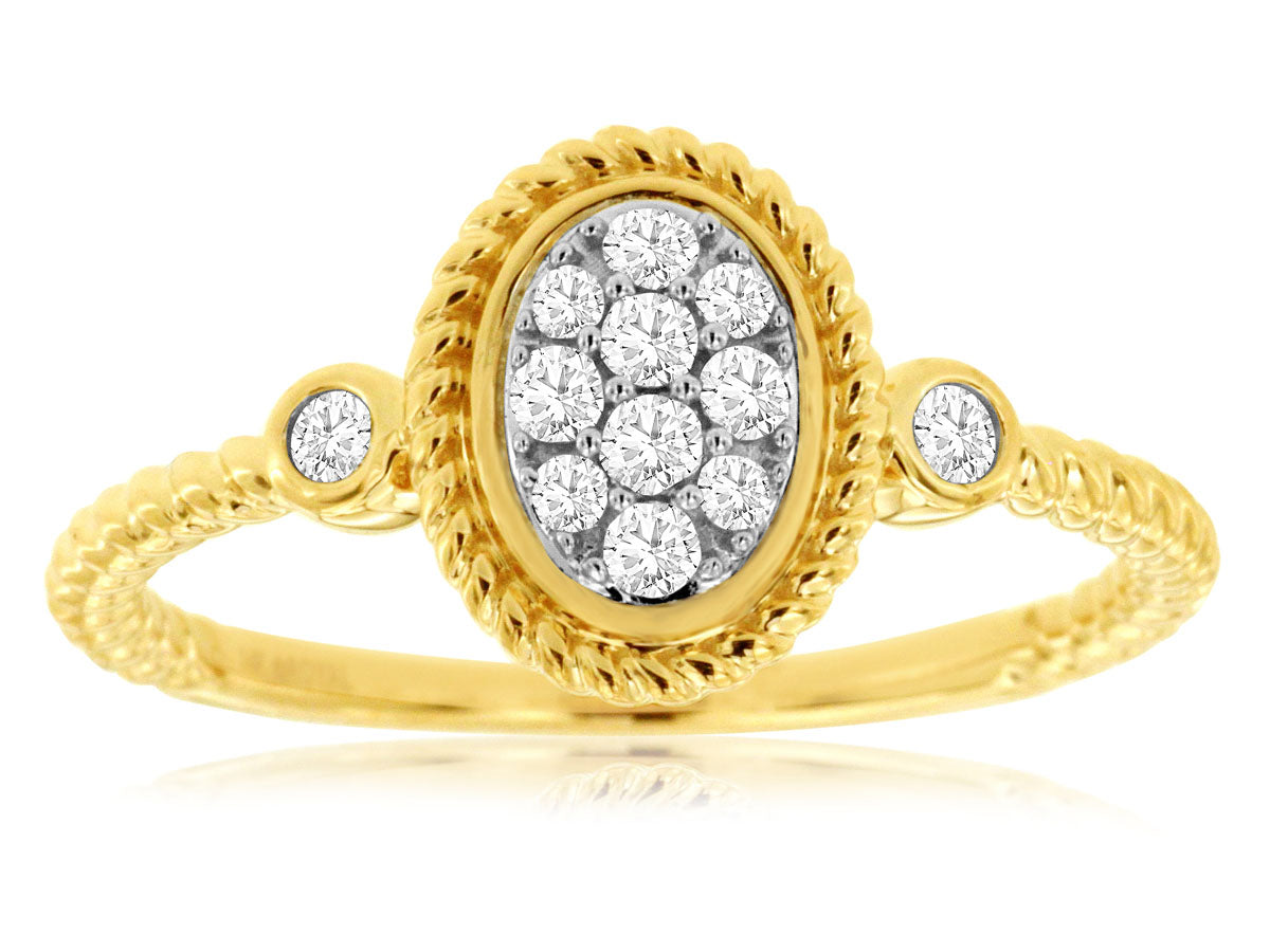 14K Yellow Gold Oval Shape Cluster  Ring set with .19ctw Diamonds, rope design border and shank.