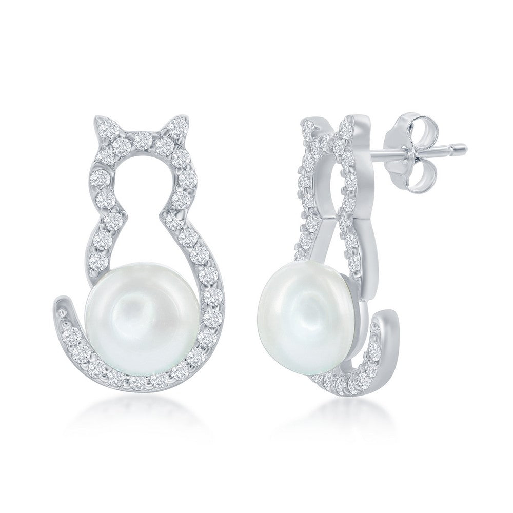 Sterling Silver Open Cat Shape with Cubic Zirconia and Freshwater Pearl Stud Earrings.
