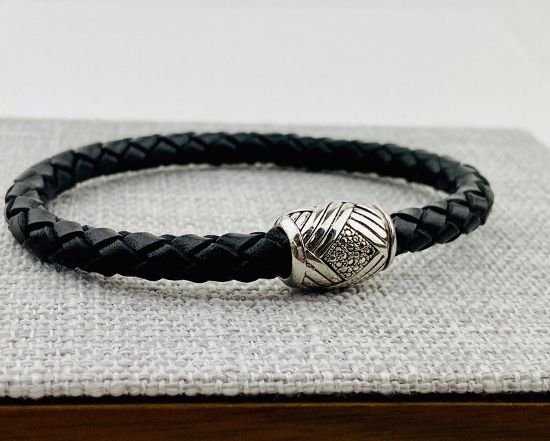 Samuel B Sterling Silver Men's Black Leather Bracelet with Woven Design Clasp