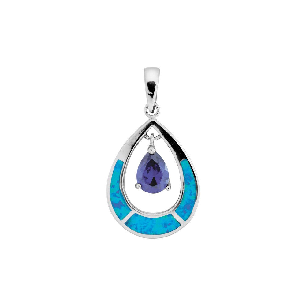 Sterling Silver Blue Inlay Created Opal Open Oval with Blue Teardrop CZ Pendant