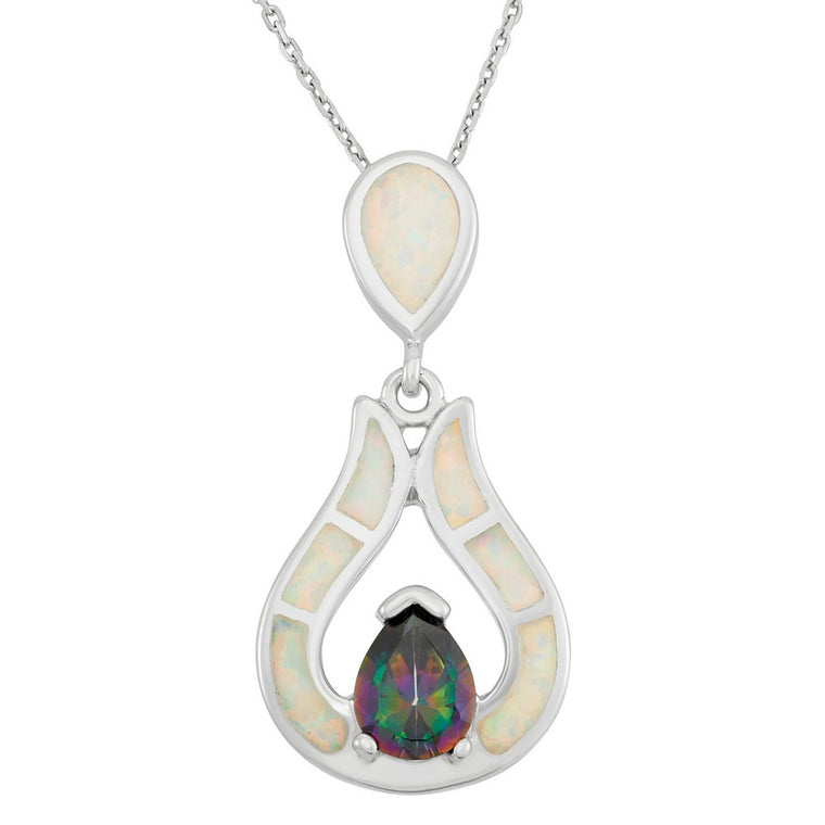 Sterling Silver Created White Opal Inlay with Rainbow CZ Necklace (96597)