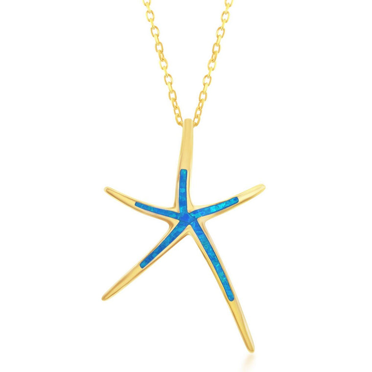 Sterling Silver Gold Overlay with Blue Inlay Created Opal Starfish Necklace (93623)