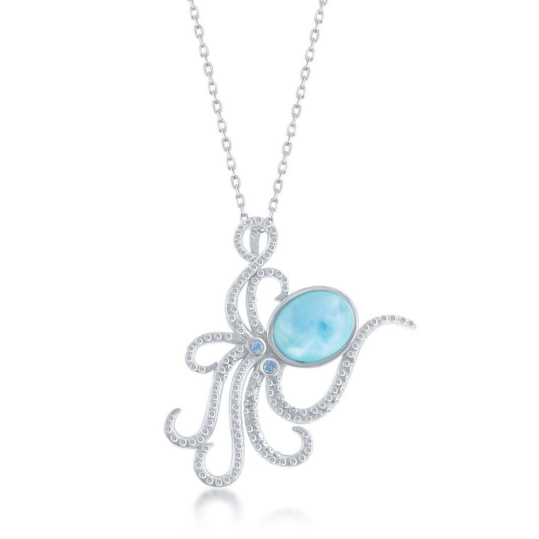 Sterling Silver CZ Octopus and Blue Larimar Necklace (94184)
